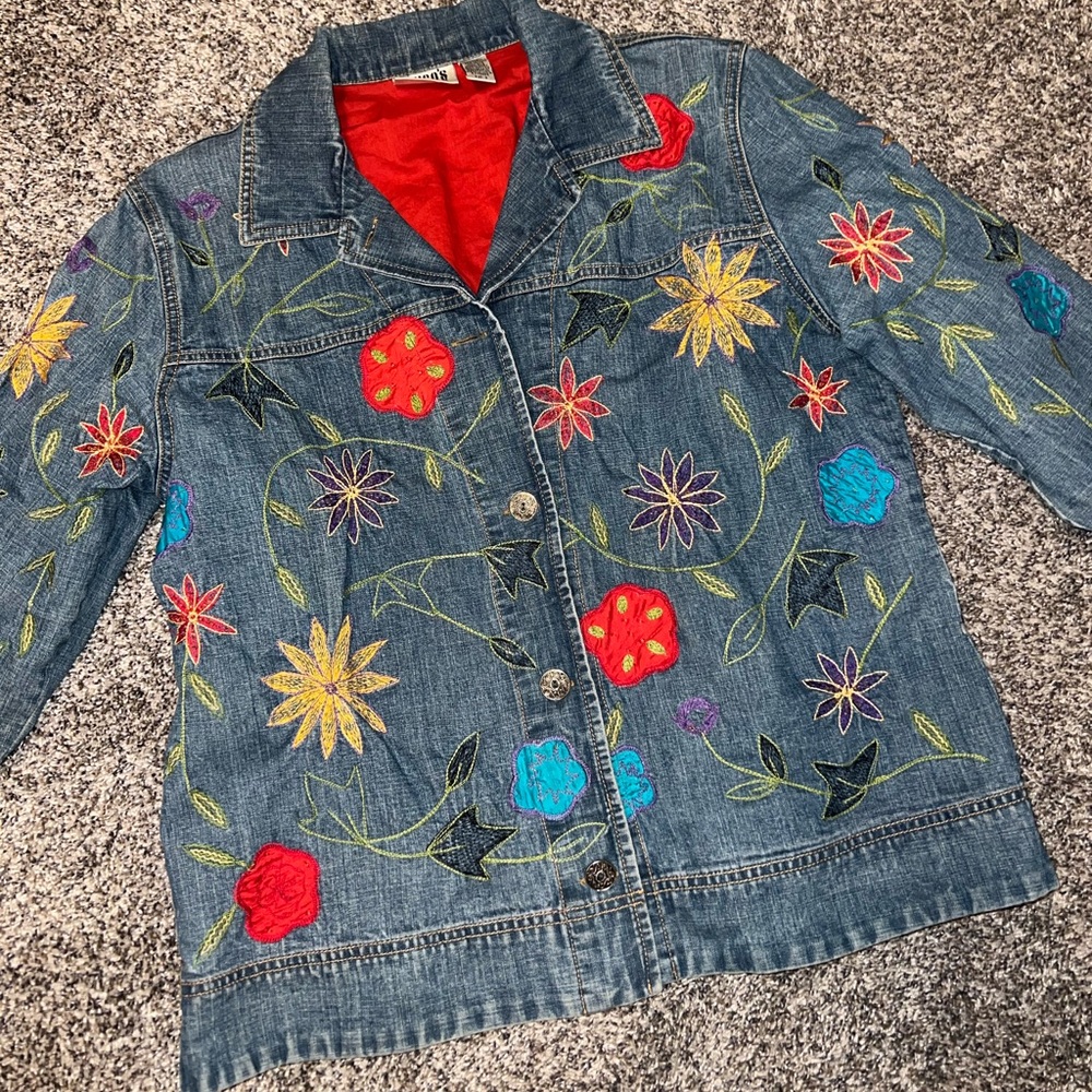 Vintage Chico's Blue Denim Jacket with Red, Yellow & Turquoise Floral Embroidery
